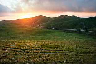 green grass field, Valley, Grass, Sunset