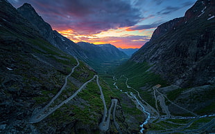 blacktop road and green grass, nature, landscape, sunset, mountains