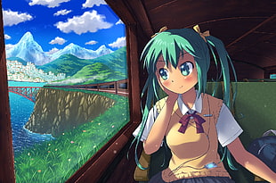 girl with green hair riding train anime illustration HD wallpaper