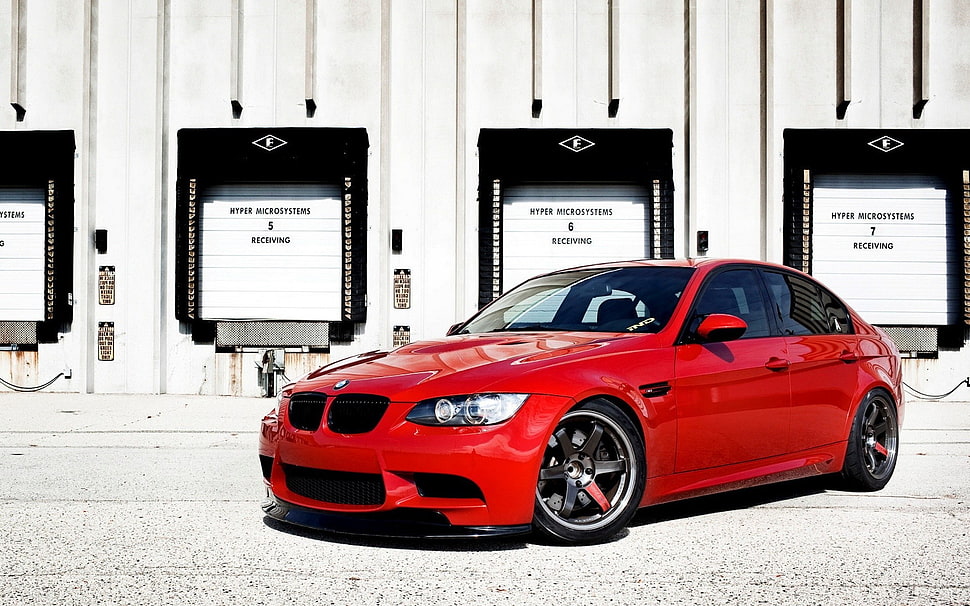 red BMW sedan, car, BMW, red cars HD wallpaper