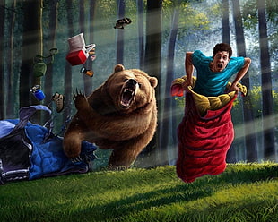 man running from brown bear illustration, digital art, humor