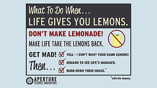 text screenshot, Portal 2, Cave Johnson, lemons, humor