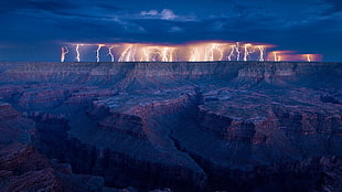 brown rock mountain, nature, lightning