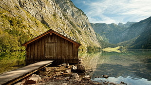 brown cabin, nature, mountains, lake, cabin