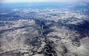 brown and black wooden table, Siberia, Russia, river, aerial view