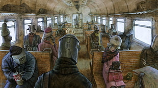 people inside bus illustration, artwork, robot, steampunk, depressing HD wallpaper