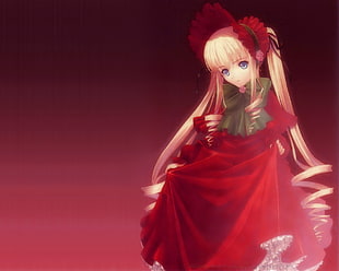 blonde haired girl in red gown anime character