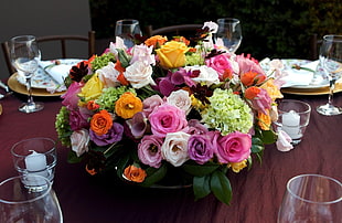 pink, white, and orange petaled flower arrangement on center of table HD wallpaper