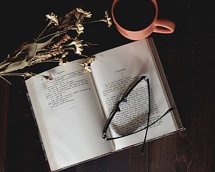 black framed eyeglasses, Book, Glasses, Coffee