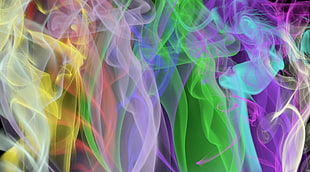 yellow, purple, and green smoke painting