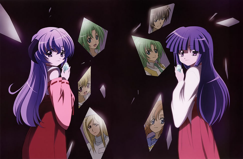 two female in purple dress anime characters HD wallpaper