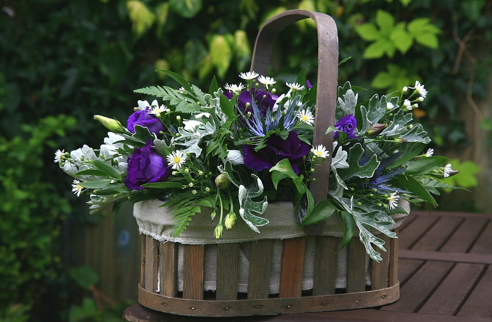 purple and green flower bouquet on wooden basket HD wallpaper
