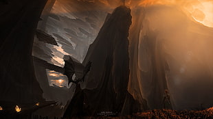 black mountain illustration, fantasy art, dragon, Kuldar Leement HD wallpaper