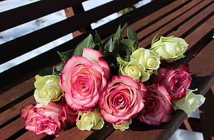 photo of bouquet of pink and white roses on brown wooden bench HD wallpaper