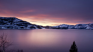 snowy hills, nature, lake, mountains