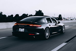 black Porsche sedan, Auto, Road, Movement HD wallpaper