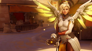 female video game character with wings holding gun screenshot, video games, Overwatch, Mercy (Overwatch) HD wallpaper