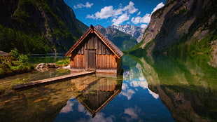 brown wooden house on body of water, obersee lake HD wallpaper