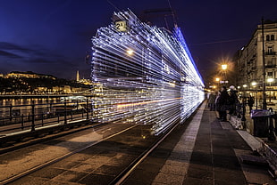 gray metal rail, cityscape, long exposure, train, lights HD wallpaper