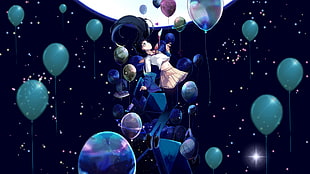 black-haired female anime character, balloon, Moon, school uniform, backpacks HD wallpaper