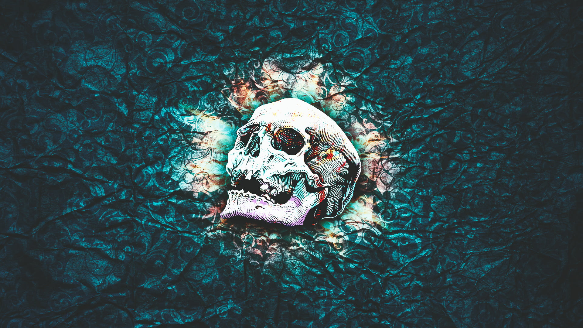 white and teal skull painting, skull, skull and bones, abstract, pattern