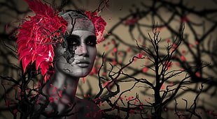 woman's face with twigs and red flower headpiece HD wallpaper