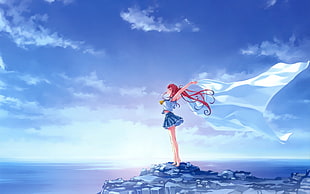 female anime character in crop top and mini skirt, beach, landscape, sky, clouds HD wallpaper