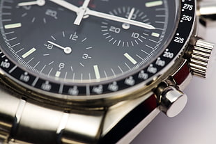 close-up photography of round silver-colored chronograph watch at 9:15 HD wallpaper