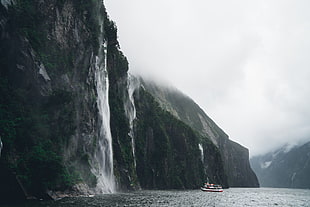 brown tourist boat, nature, landscape, mountains, water