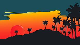 silhouette of coconut trees painting, digital art, landscape, mountains, palm trees HD wallpaper