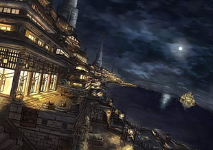 cityscape photograph, night, sky, Moon, castle HD wallpaper