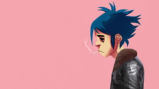 person wearing black jacket illustration, Gorillaz, 2D, simple background, smoking