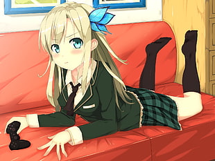 female anime character wearing green blazer