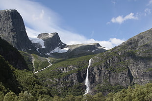 gray and green mountain with waterfalls under blue sky, norway HD wallpaper