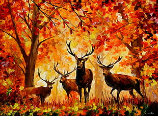 four brown deer near trees painting HD wallpaper