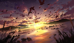 flock of birds and body of water illustration, clouds, sunset, birds HD wallpaper