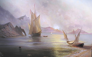 two brown sailboats near island painting, artwork, drawing, fantasy art, boat HD wallpaper
