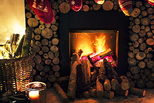 burning fireplace with firewood HD wallpaper