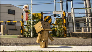 brown robot figure, Danbo, Amazon, cherry blossom, spring HD wallpaper