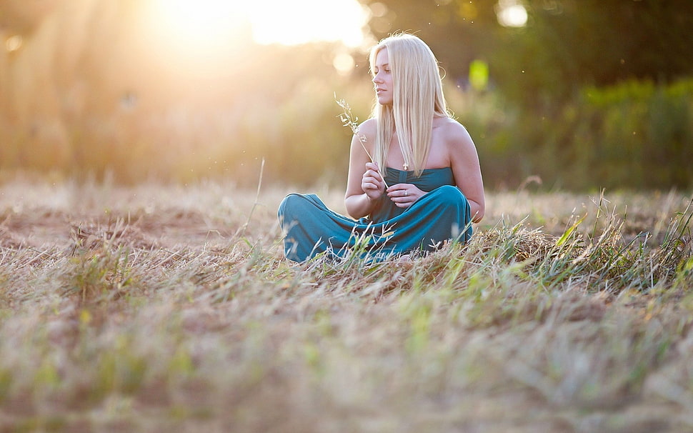 woman wearing blue strapless dress on brown grass HD wallpaper