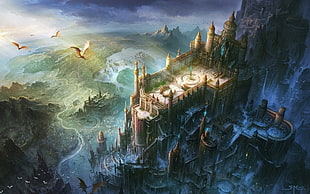 castle wallpaper, castle, dragon, artwork, digital art HD wallpaper