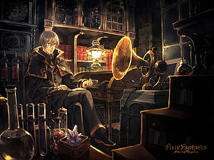 male anime character, anime, library, magic, laboratories HD wallpaper