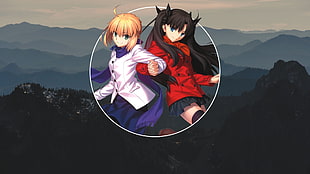 two blonde and black-haired female anime characters digital wallpaper, anime, shapes, Fate Series, Saber HD wallpaper