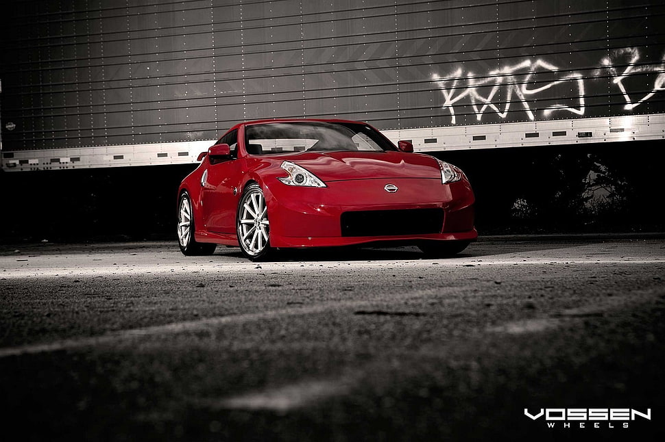 red coup illustration, car, Nissan, Nissan 370Z, selective coloring HD wallpaper