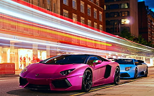 red 5-door hatchback, car, Lamborghini, pink, motion blur HD wallpaper