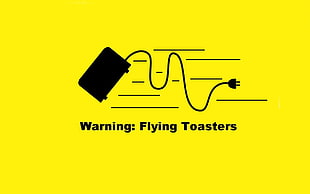 Warning: Flying Toasters logo, humor, minimalism, quote, yellow background HD wallpaper