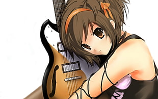 black short haired female anime character holding electric guitar illustration HD wallpaper