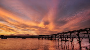 black wooden dock, landscape, New Zealand, water, clouds