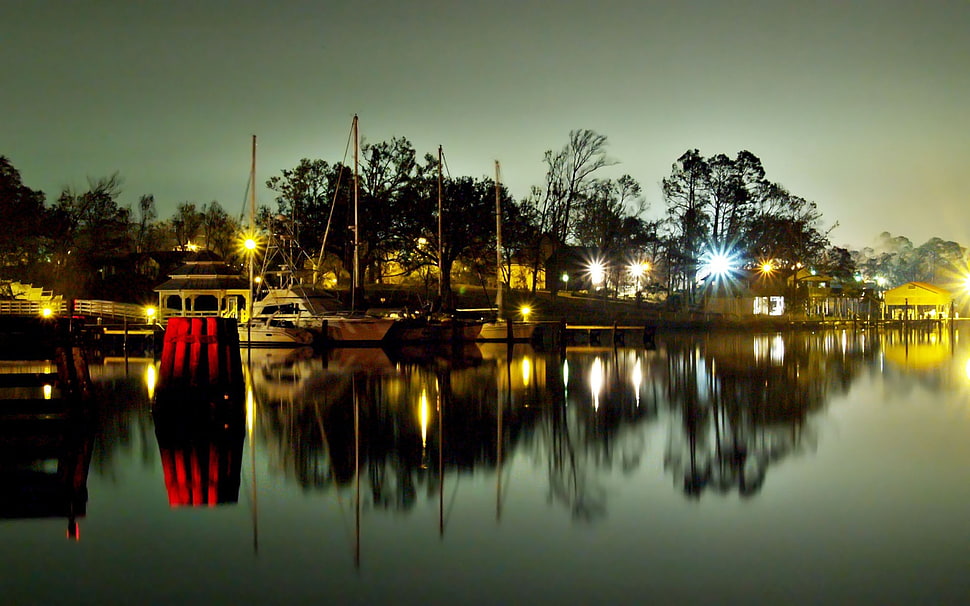 white and gray boat, boat, water, reflection, lights HD wallpaper