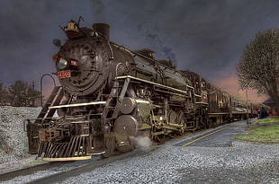 black train, vehicle, steam locomotive, nature, railway